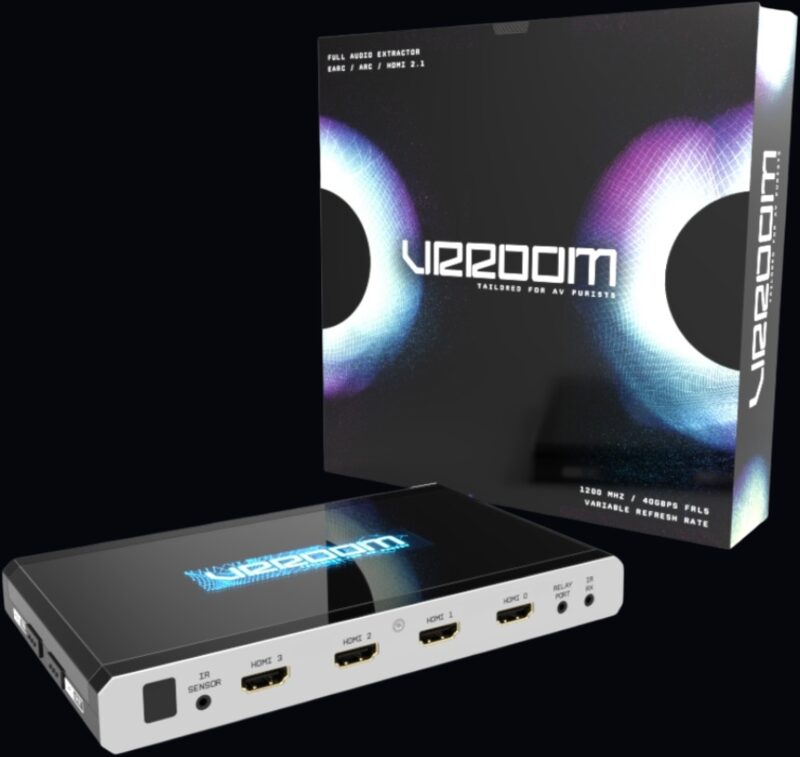 HDfury VRROOM unit in front of its retail box with blue and violet artwork