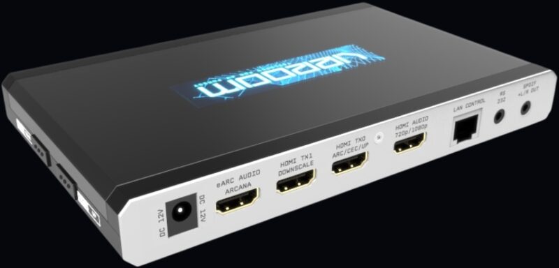 Rear of the HDfury VRROOM with eARC audio, HDMI TX1 downscale, HDMI TX0, HDMI audio, LAN control, RS232 and SPDIF ports
